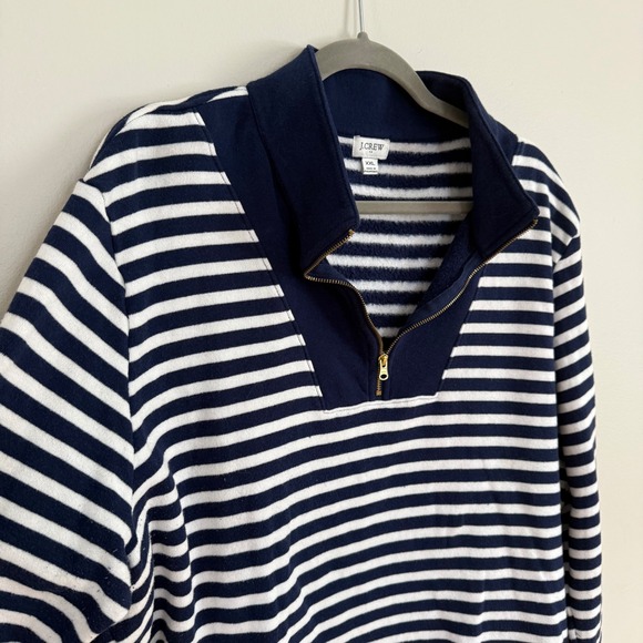 J Crew Striped Quarter Zip Fleece Sweatshirt Navy White XXL Nautical Classic - Picture 3 of 5